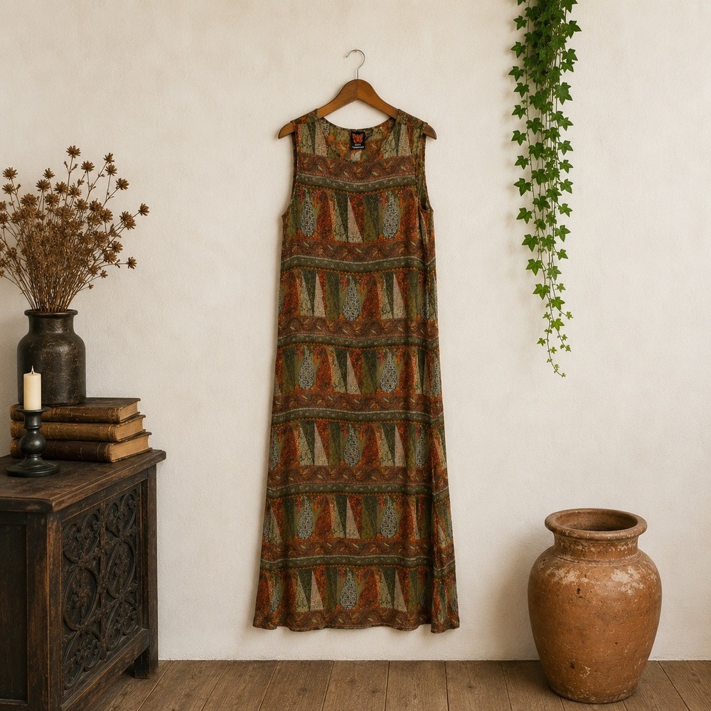 Vintage Naked Underneath Paisley Maxi Dress 90s Boho Grunge Tapestry Print Sz L